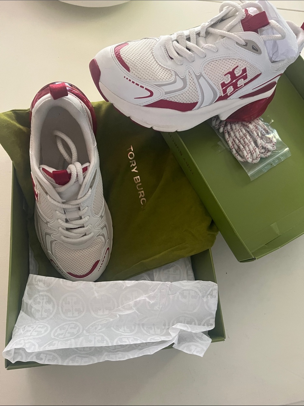 Tory Burch cream and red good luck, tech trainer sneakers 9 1/2